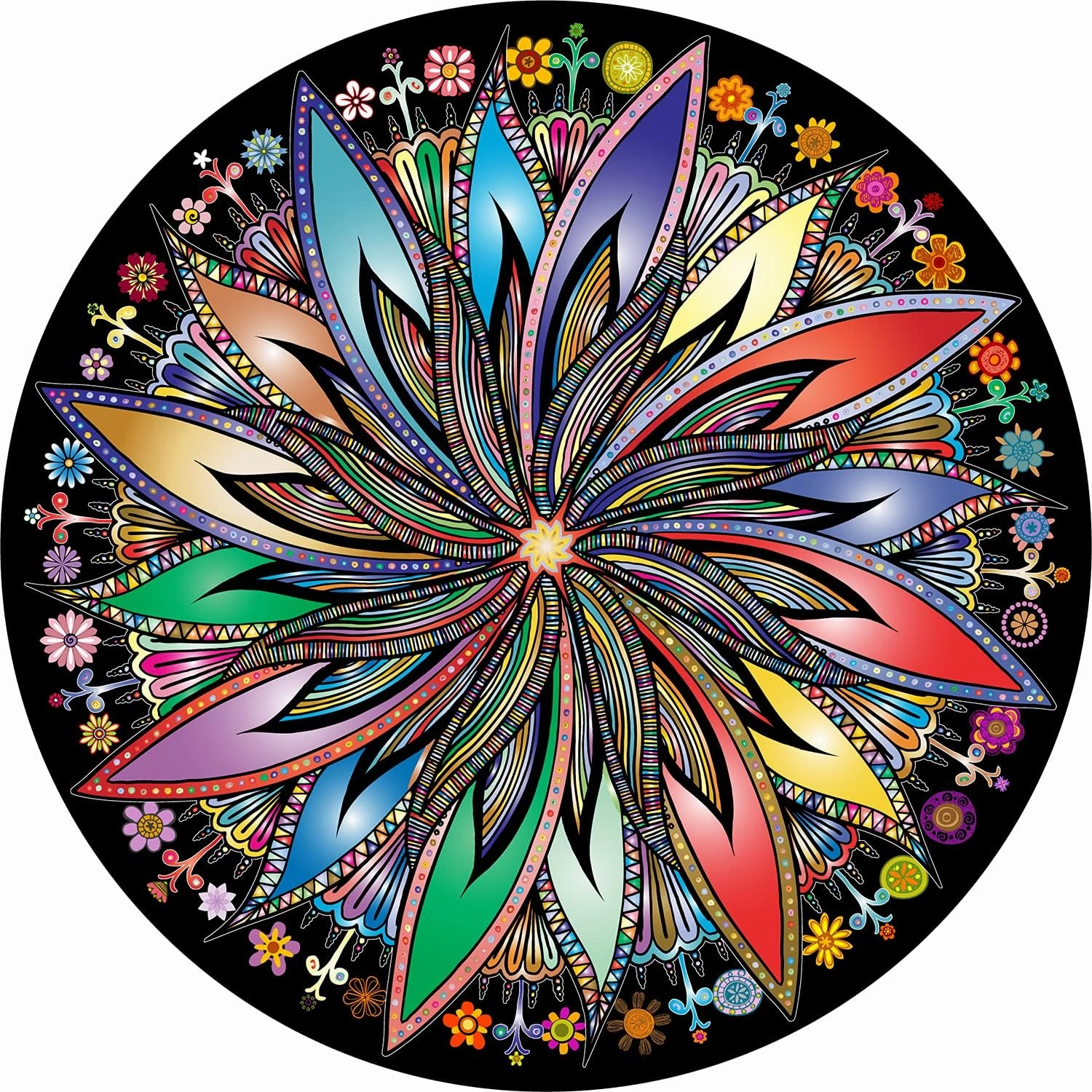 Bgraamiens Puzzle-Blooming Flowers-1000 Pieces Creative Geometric Round Blue Board Colorful Mandala Jigsaw Puzzle