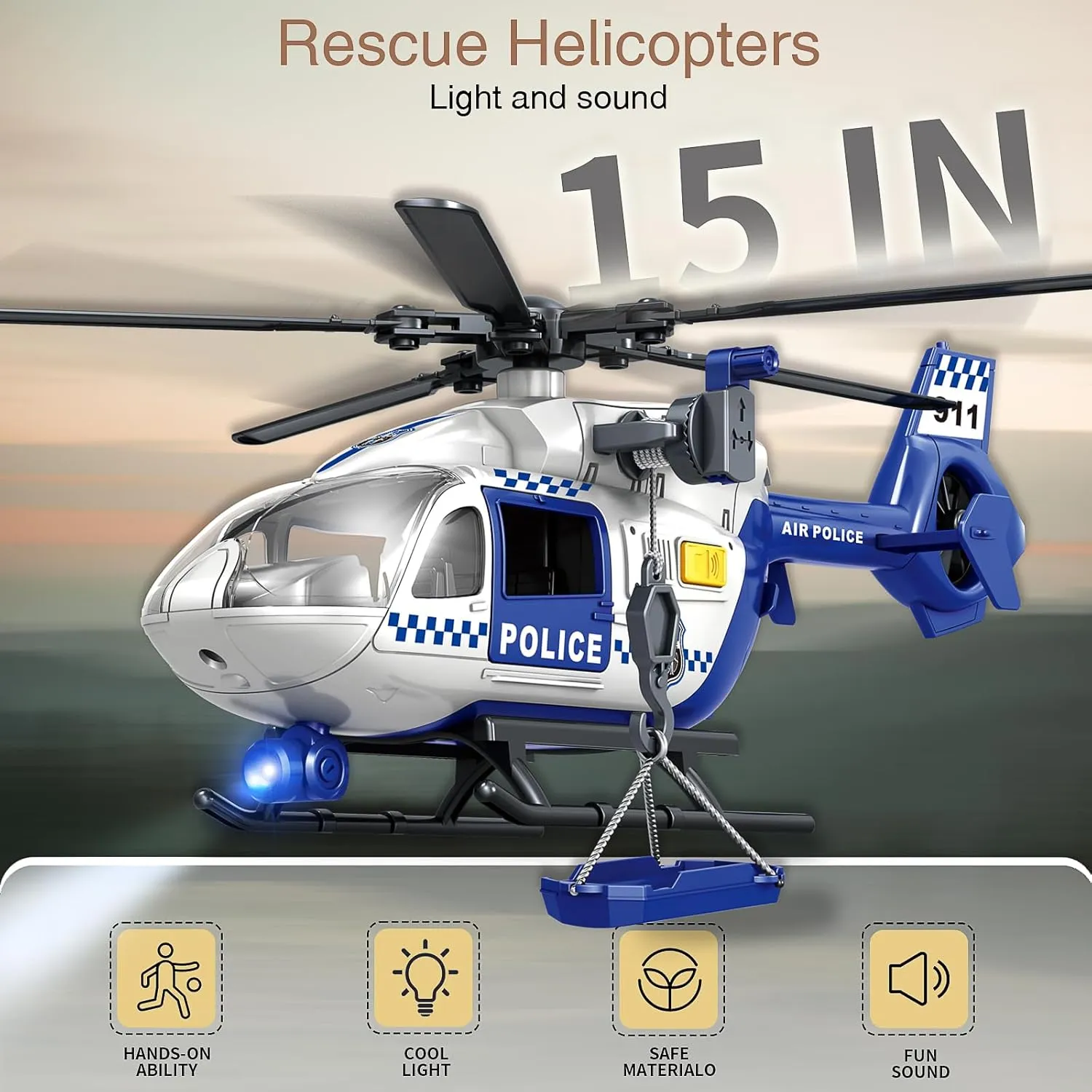 Big Helicopter Toy for Toddlers - Police Rescue Helicopter with Crane, Lights & Sounds - Boys & Girls Ages 2 3 4 5 6