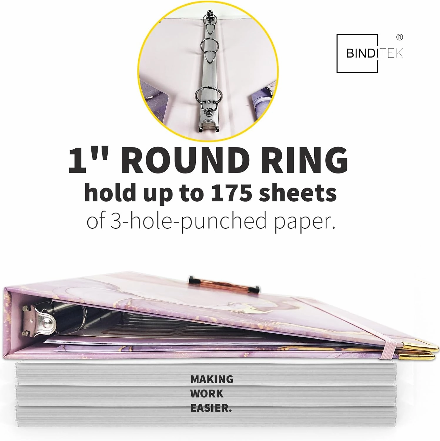 Binditek 3 Ring Binder 1 Inch, Letter Size, Binder Organizer with 5-Tab Dividers, 2 Interior Pockets, Low Profile Clip Cover, Label Stickers, 175 Sheet Capacity, Pink Marble, 1 Pack
