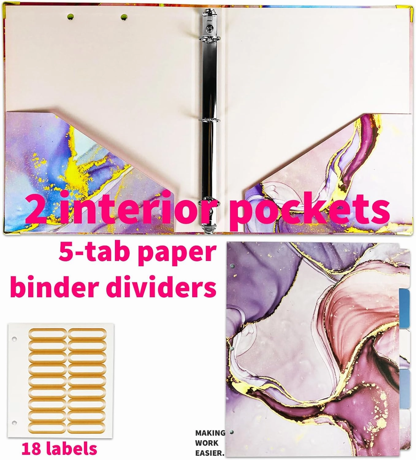 Binditek 3 Ring Binder 1 Inch, Letter Size, Binder Organizer with 5-Tab Dividers, 2 Interior Pockets, Low Profile Clip Cover, Label Stickers, 175 Sheet Capacity, Pink Marble, 1 Pack