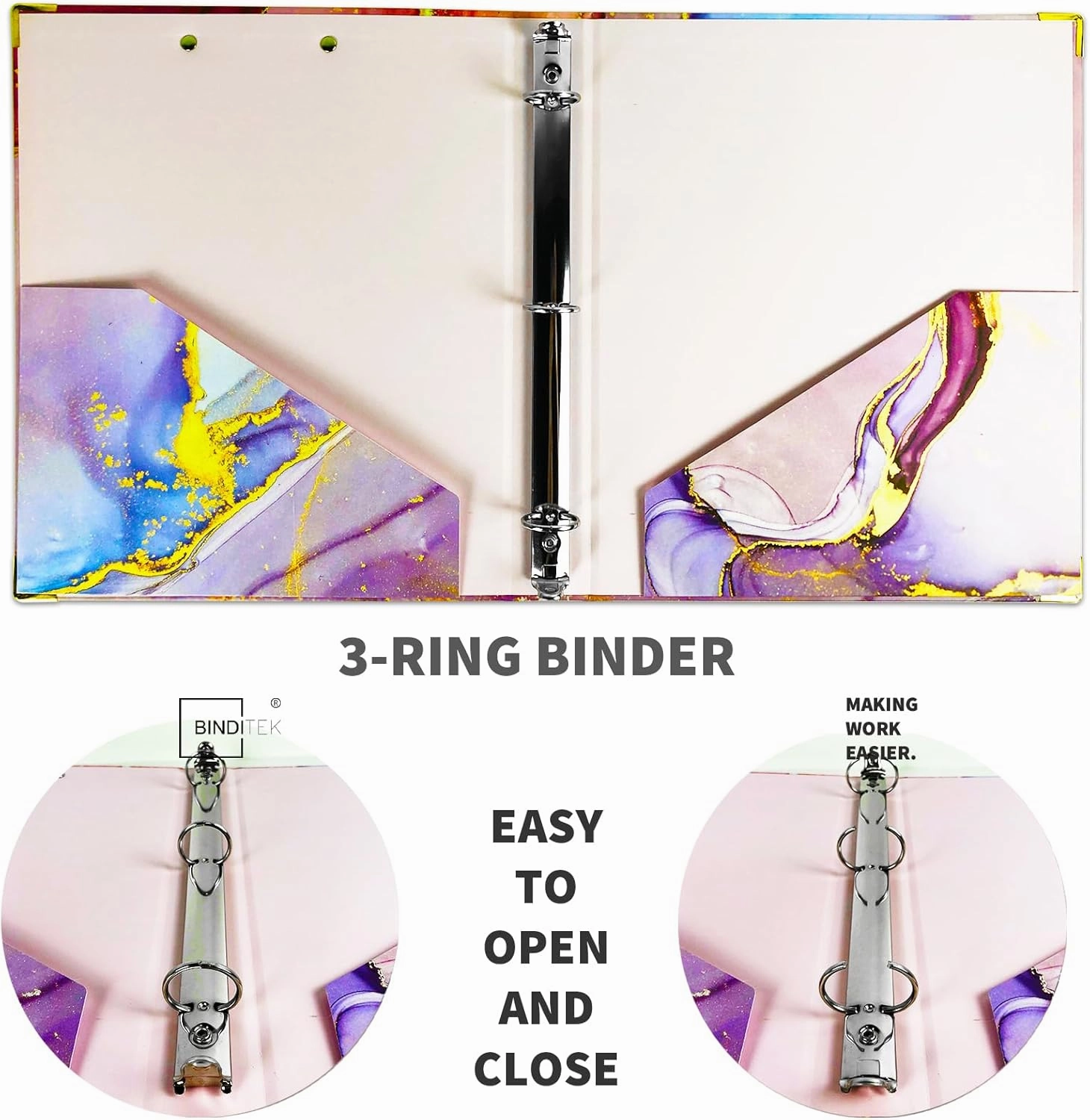 Binditek 3 Ring Binder 1 Inch, Letter Size, Binder Organizer with 5-Tab Dividers, 2 Interior Pockets, Low Profile Clip Cover, Label Stickers, 175 Sheet Capacity, Pink Marble, 1 Pack