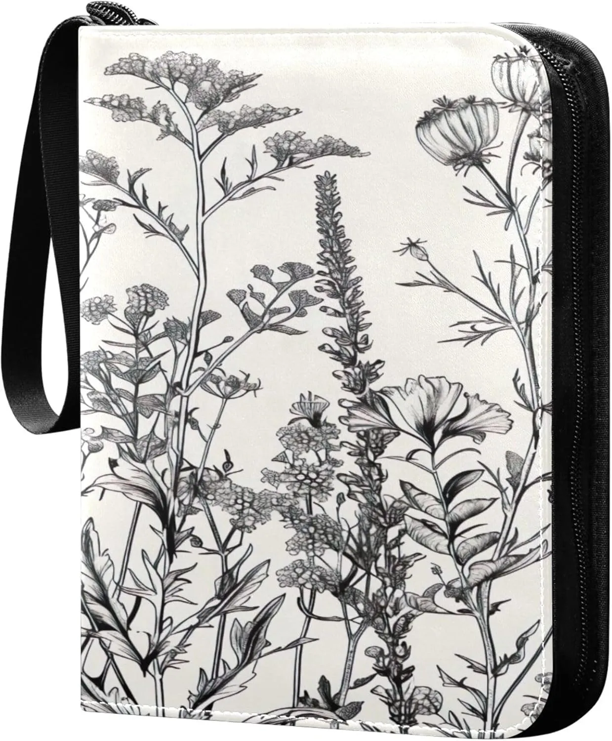 Black and White Flowers Card Binder 4 Pocket Collectible Trading Card Albums with 50 Sleeves Double Side PU Waterproof 3 Ring for Sports & Game Cards
