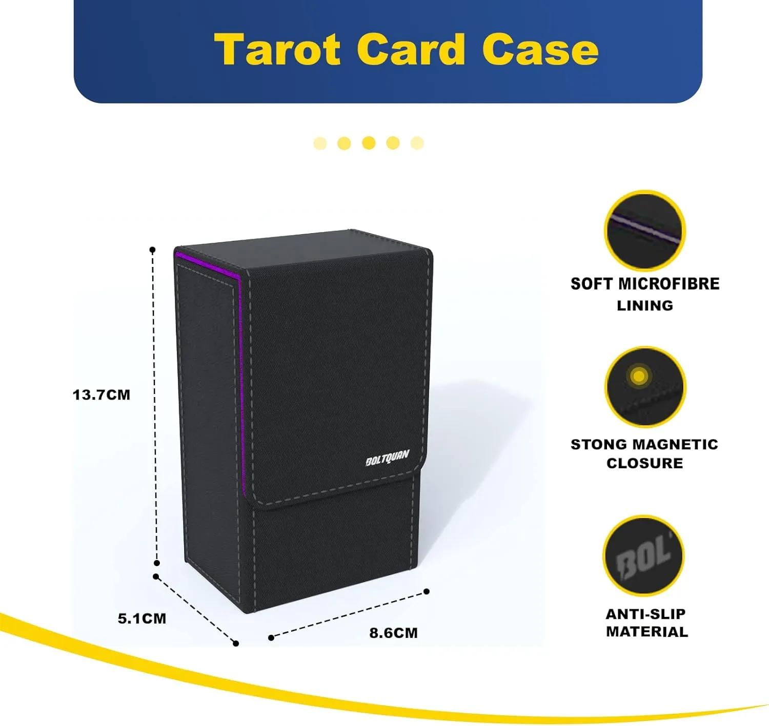Black Tarot Card Holder with Purple Interior; Fold Top Box Case Magnetic Lid Closure; Fits Rider Waite Deck; Measures Standard Size 5.39 x 3.38 2 In (137*86*51mm) (Purple) (TRC01)