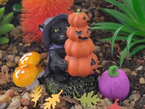 Black Cat Wearing A Hat With A Stack Of Orange Pumpkins And Mushroom, Fairy Garden, Dollhouse, Miniature,