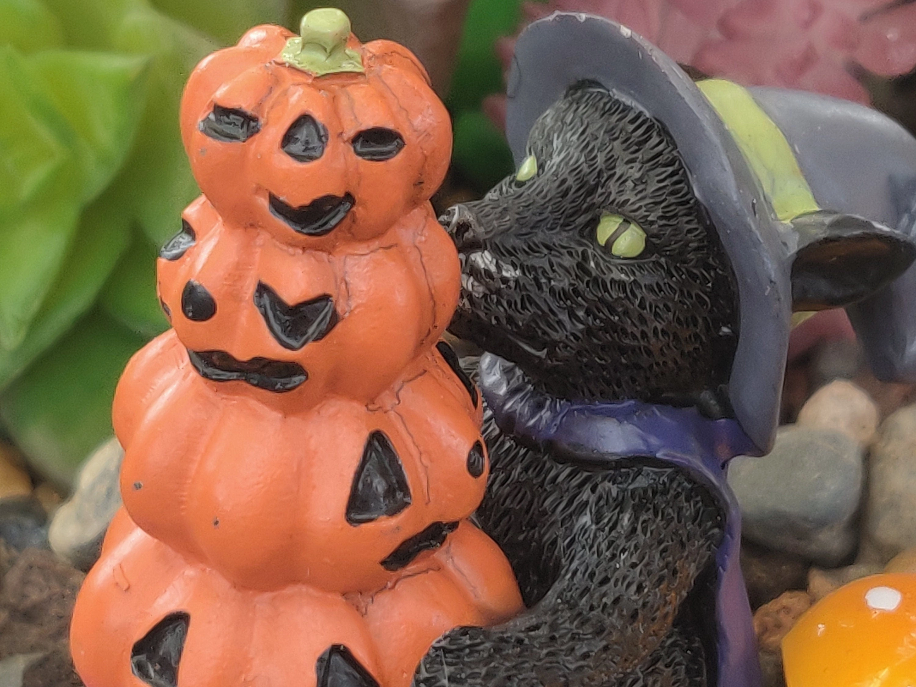 Black Cat Wearing A Hat With A Stack Of Orange Pumpkins And Mushroom, Fairy Garden, Dollhouse, Miniature,