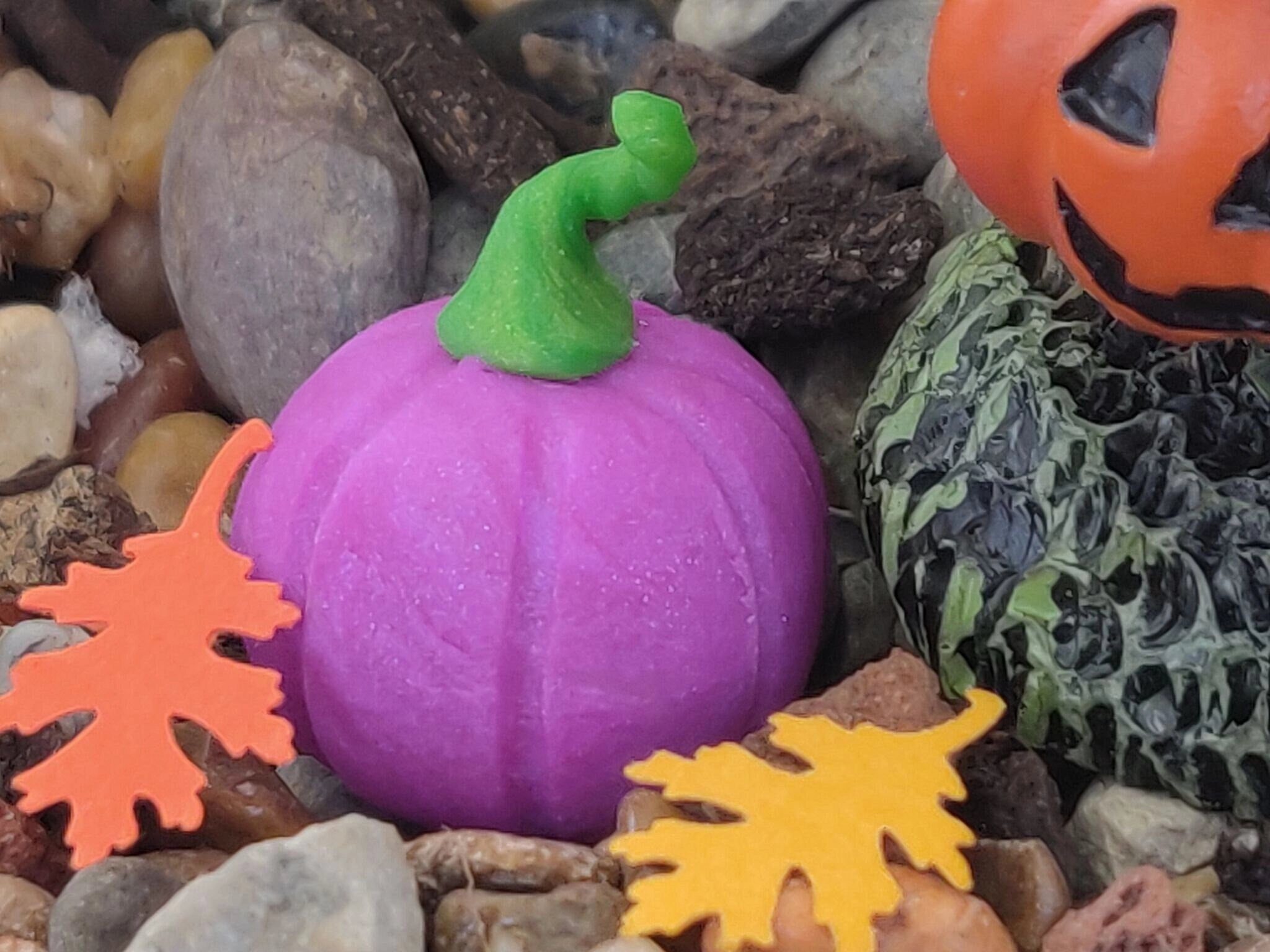 Black Cat Wearing A Hat With A Stack Of Orange Pumpkins And Mushroom, Fairy Garden, Dollhouse, Miniature,