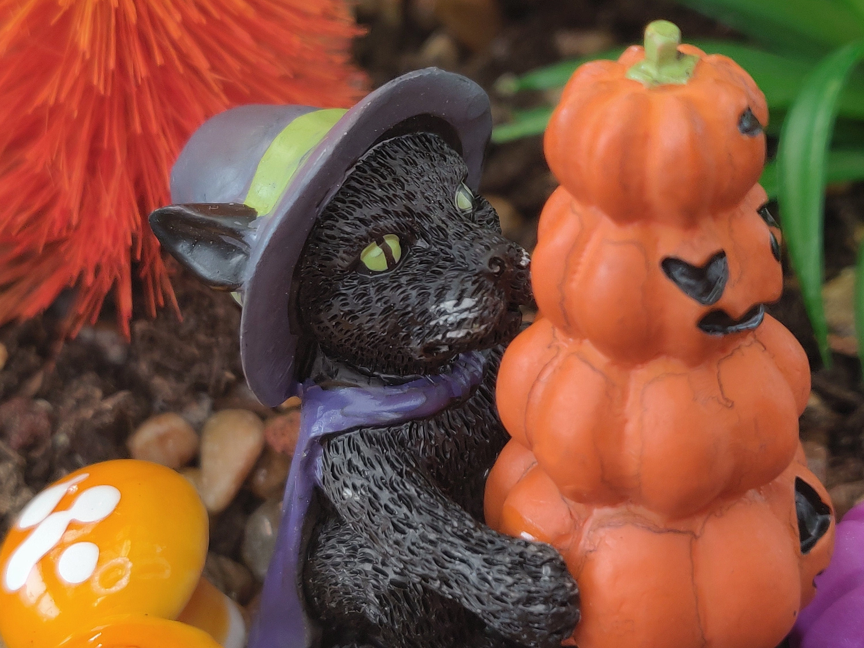 Black Cat Wearing A Hat With A Stack Of Orange Pumpkins And Mushroom, Fairy Garden, Dollhouse, Miniature,
