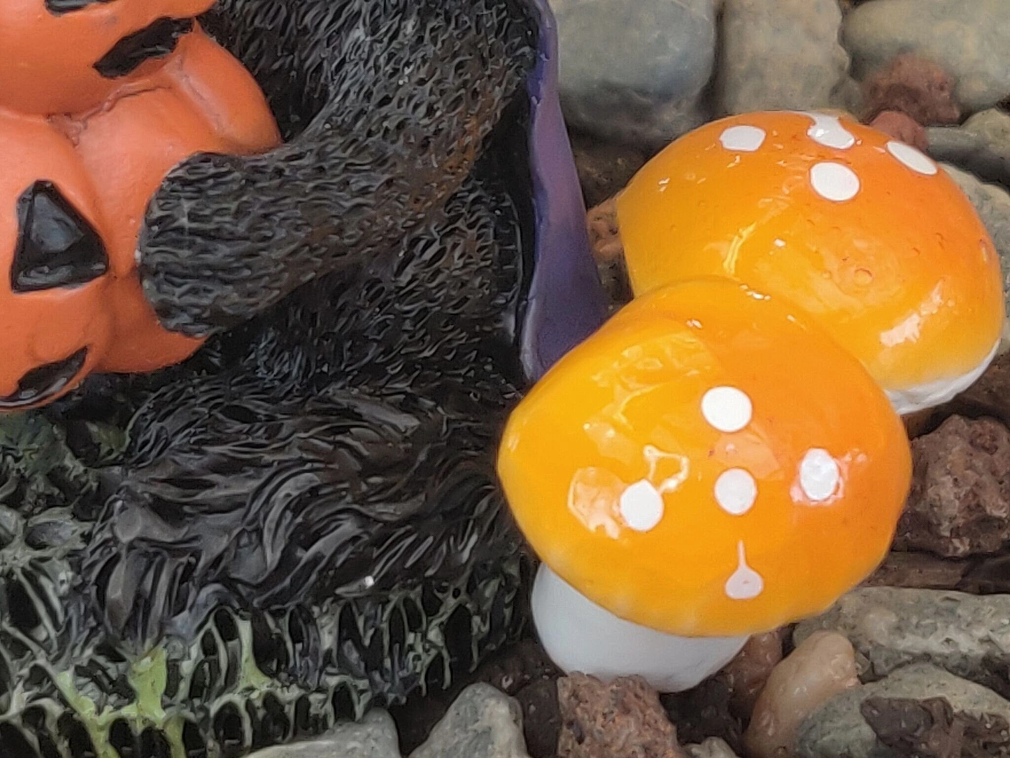Black Cat Wearing A Hat With A Stack Of Orange Pumpkins And Mushroom, Fairy Garden, Dollhouse, Miniature,