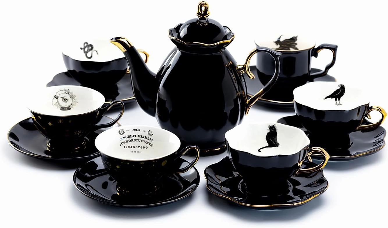 Black Gold Scallop Teapot   6 Assorted Halloween Tea Cup and Saucer Sets Hand Painted Gold Trim