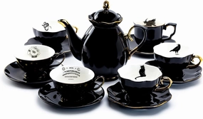 Black Gold Scallop Teapot   6 Assorted Halloween Tea Cup and Saucer Sets Hand Painted Gold Trim