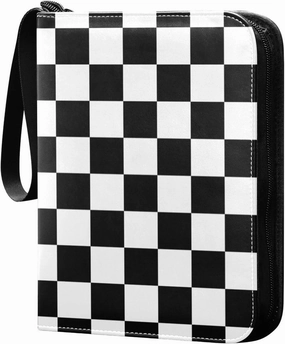 Black White Squares Checkered Card Binder 4 Pocket Zipper PU Trading Card Album Fits 400 Game Cards 50 Removable Sleeves Card Folder Collection for Baseball MTG TCG Sports Cards