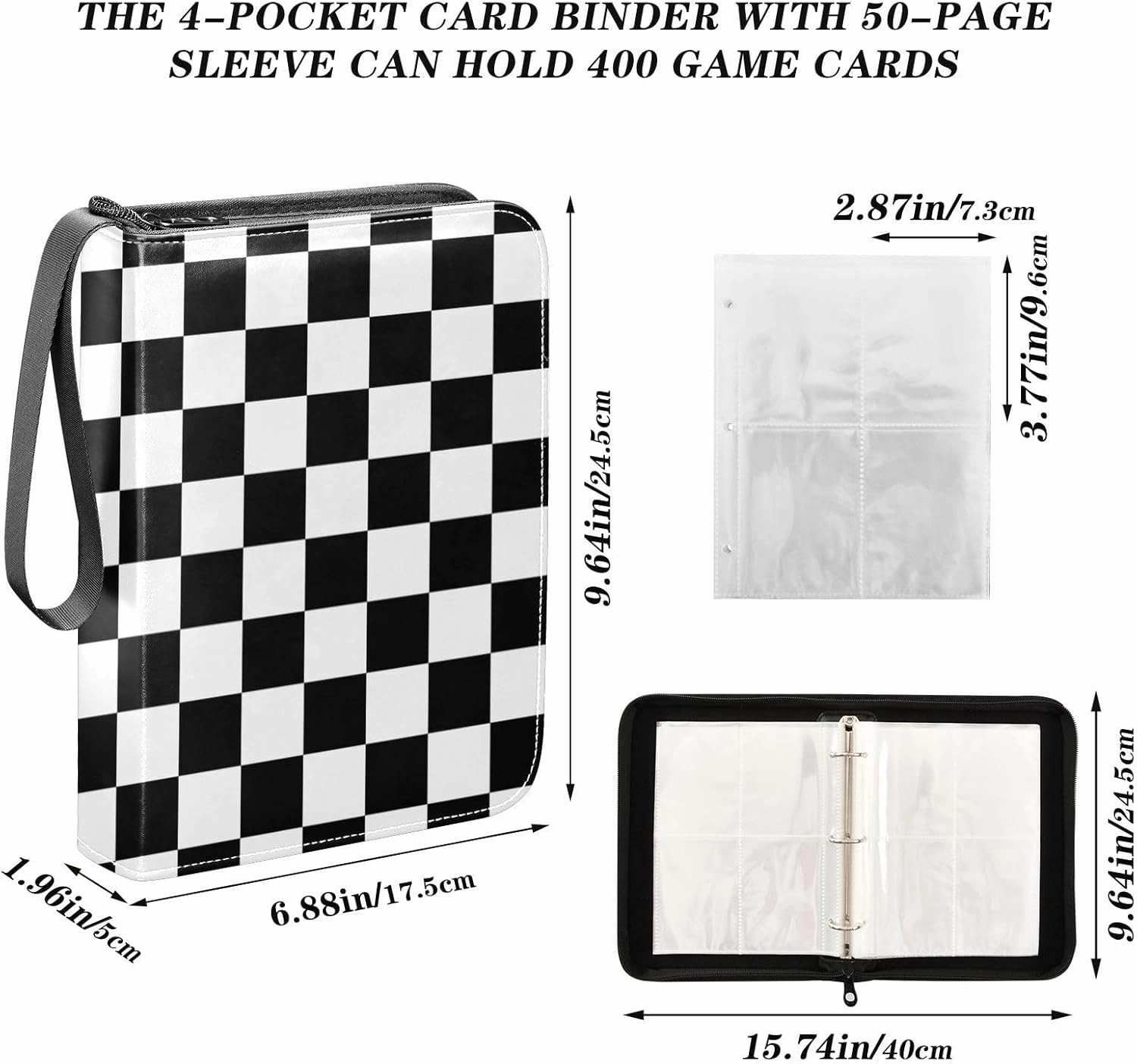 Black White Squares Checkered Card Binder 4 Pocket Zipper PU Trading Card Album Fits 400 Game Cards 50 Removable Sleeves Card Folder Collection for Baseball MTG TCG Sports Cards