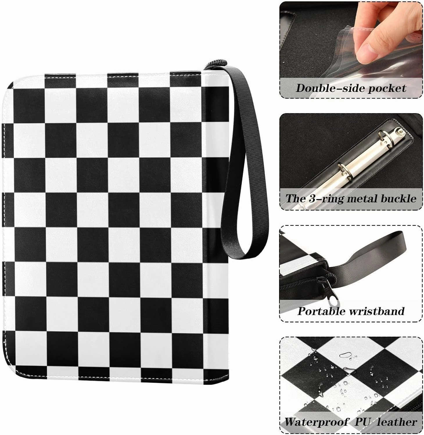 Black White Squares Checkered Card Binder 4 Pocket Zipper PU Trading Card Album Fits 400 Game Cards 50 Removable Sleeves Card Folder Collection for Baseball MTG TCG Sports Cards