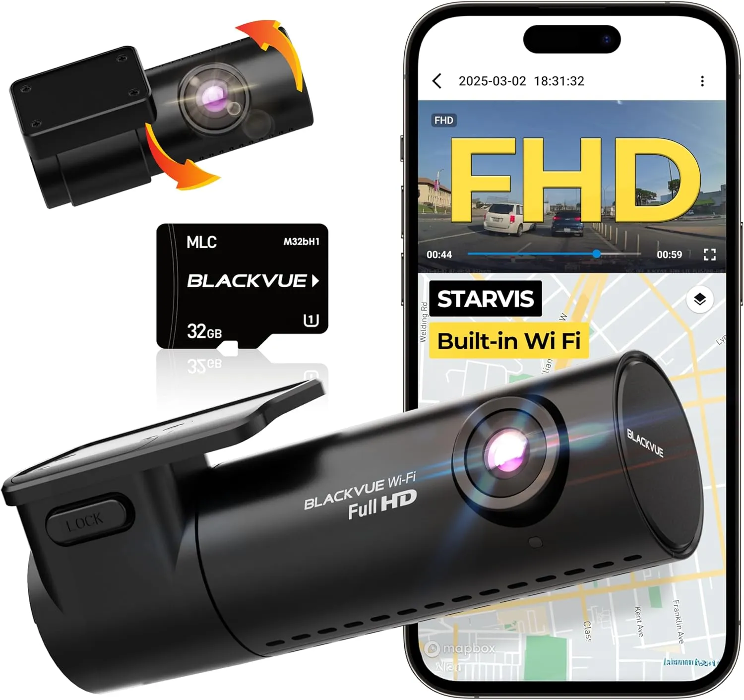 BlackVue DR590X-2CH Plus with 32GB microSD Card | Simple Full HD Wi-Fi Dashcam, Parking Mode Support (Kit Included), Front and Rear Camera, BlackVue App Support for Video Transfer | Made in Korea