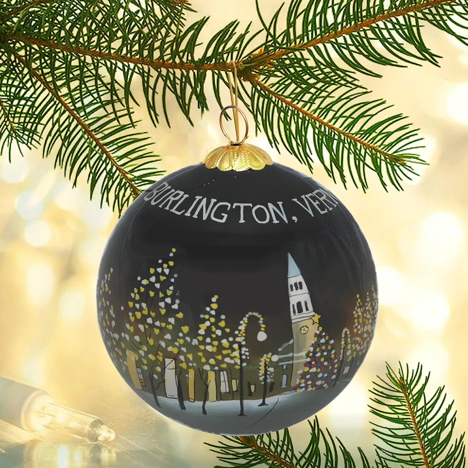 Blown Glass Christmas Ornament | Burlington, Vermont at Night | Hand Painted Inside | Original Art | Includes Gift Box