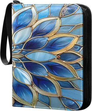 Blue Mandala Flower Card Binder 4 Pocket Collectible Trading Card Albums with 50 Sleeves Double Side PU Waterproof 3 Ring for Sports & Game Cards