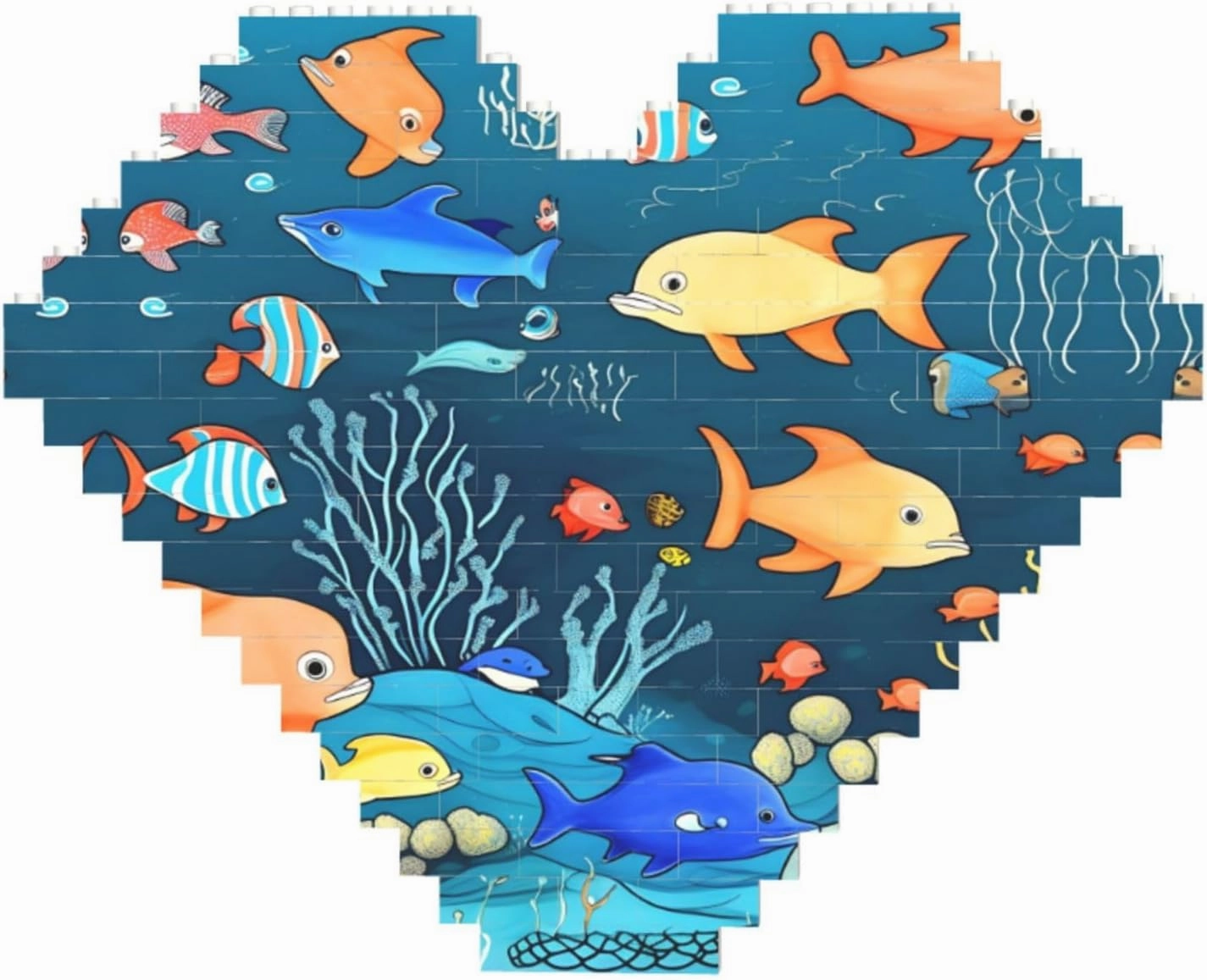 Blue Underwater World of Fish Print Building Brick Block Puzzle - Heart Shaped Picture Puzzles, Wooden Picture Jigsaw Puzzles