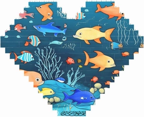 Blue Underwater World of Fish Print Building Brick Block Puzzle - Heart Shaped Picture Puzzles, Wooden Picture Jigsaw Puzzles