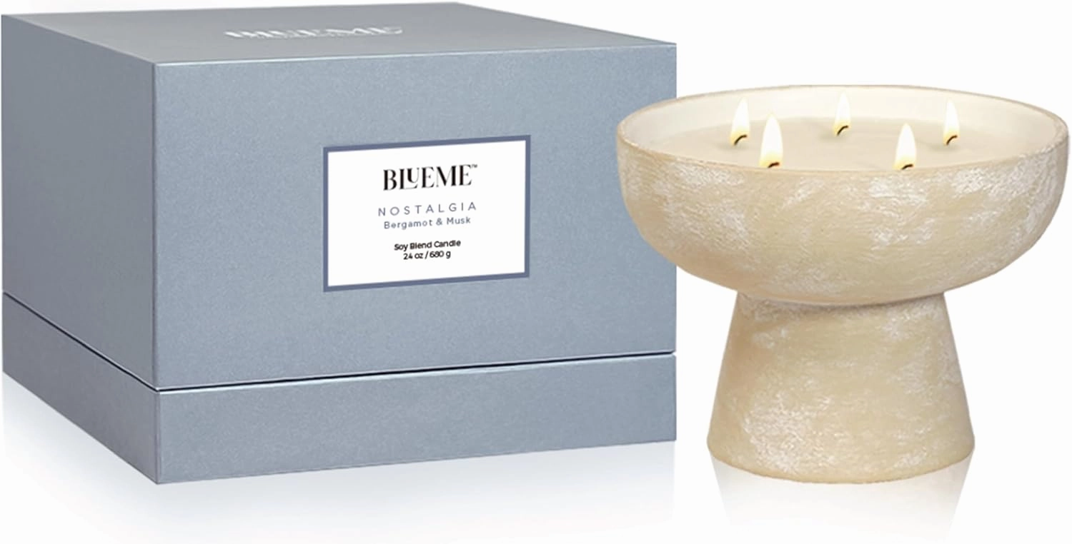 BLUEME Nostalgia-Bergamot & Musk, 5 Wick, Refillable Wellness Candle, Contains Essential Oil, Sustainable, Hand Finished, Hand Poured, Premium, Luxury Ceramic, Natural Cotton Wick, Soy-Wax Blend