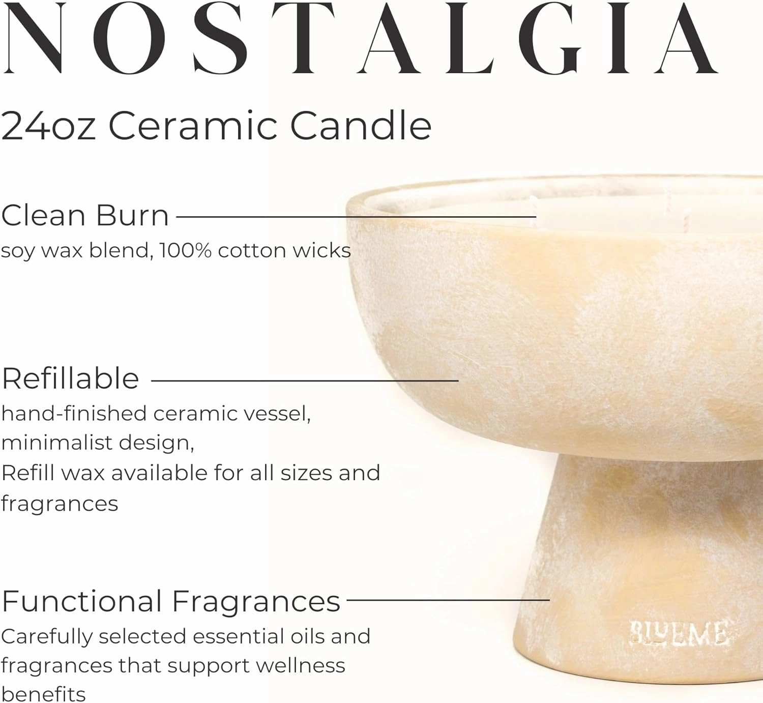 BLUEME Nostalgia-Bergamot & Musk, 5 Wick, Refillable Wellness Candle, Contains Essential Oil, Sustainable, Hand Finished, Hand Poured, Premium, Luxury Ceramic, Natural Cotton Wick, Soy-Wax Blend