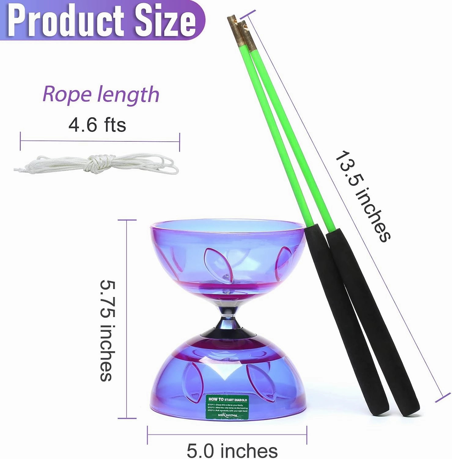 Bodyrhythm 5 Bearings Chinese Diabolo Yoyo Set with Fiberglass Sticks, Adjustable Strings for All Ages - Best for Fitness and Tricks (Purple)