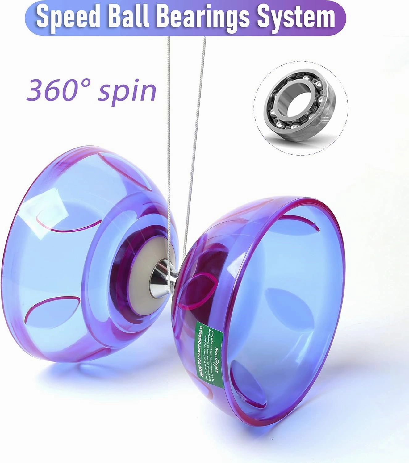 Bodyrhythm 5 Bearings Chinese Diabolo Yoyo Set with Fiberglass Sticks, Adjustable Strings for All Ages - Best for Fitness and Tricks (Purple)
