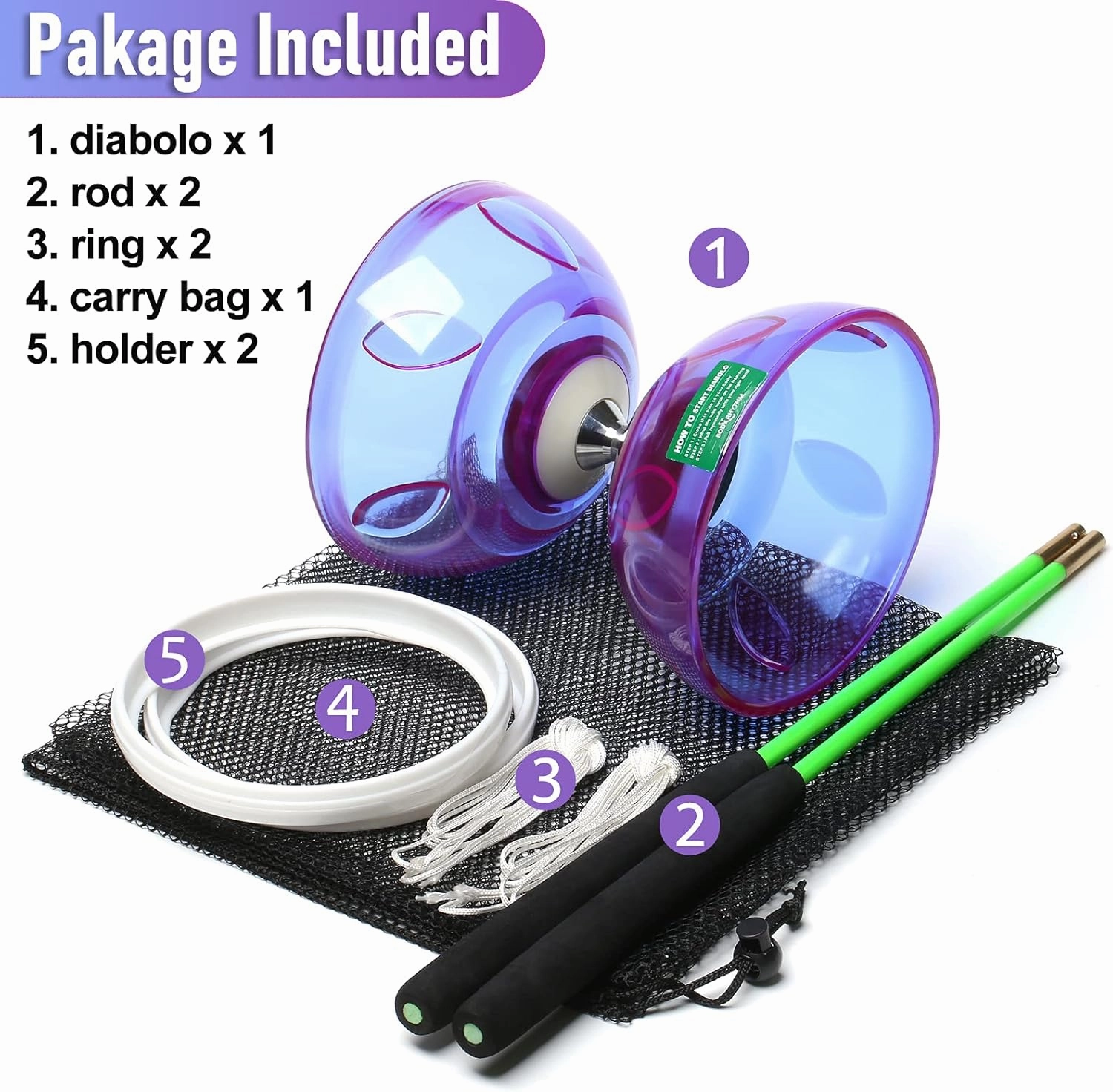 Bodyrhythm 5 Bearings Chinese Diabolo Yoyo Set with Fiberglass Sticks, Adjustable Strings for All Ages - Best for Fitness and Tricks (Purple)