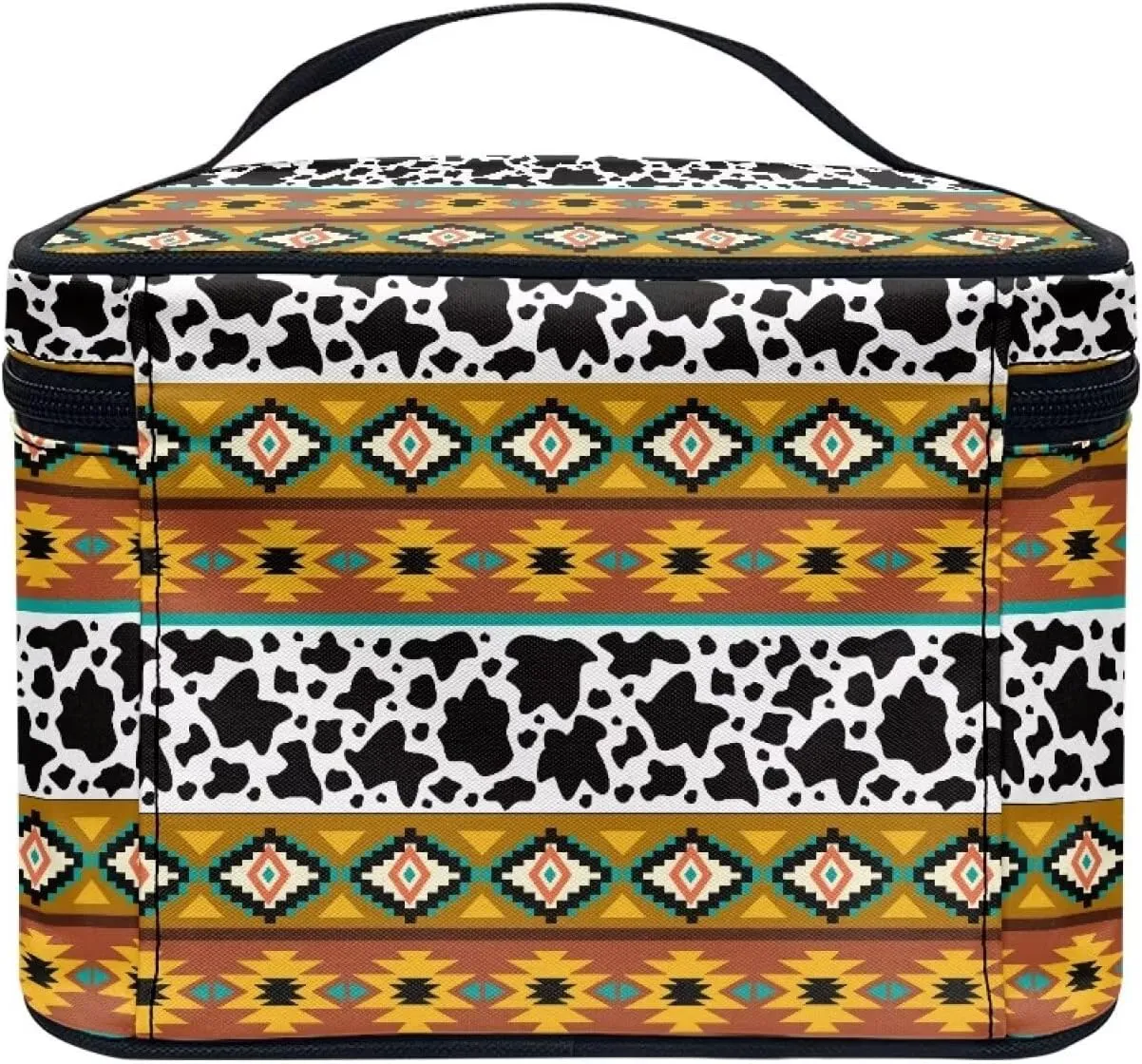 Boho Ethnic Cosmetic Storage Bag Large Capacity Makeup Bag Aztec Cow Print Make up Organizer Lightweight Toiletry Bag with Handle Casual Make up Bag for Ladies