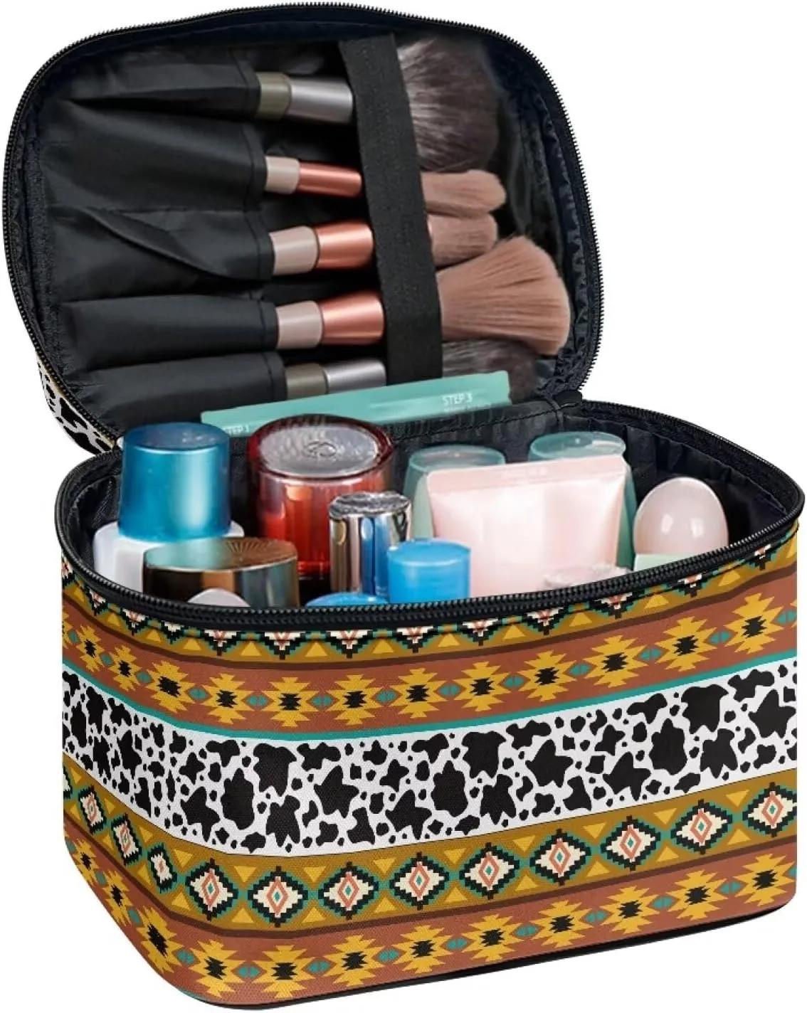 Boho Ethnic Cosmetic Storage Bag Large Capacity Makeup Bag Aztec Cow Print Make up Organizer Lightweight Toiletry Bag with Handle Casual Make up Bag for Ladies
