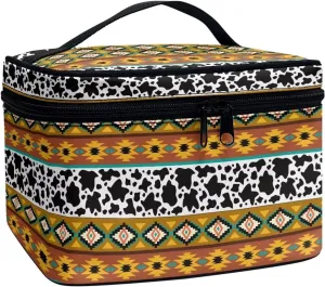Boho Ethnic Cosmetic Storage Bag Large Capacity Makeup Bag Aztec Cow Print Make up Organizer Lightweight Toiletry Bag with Handle Casual Make up Bag for Ladies