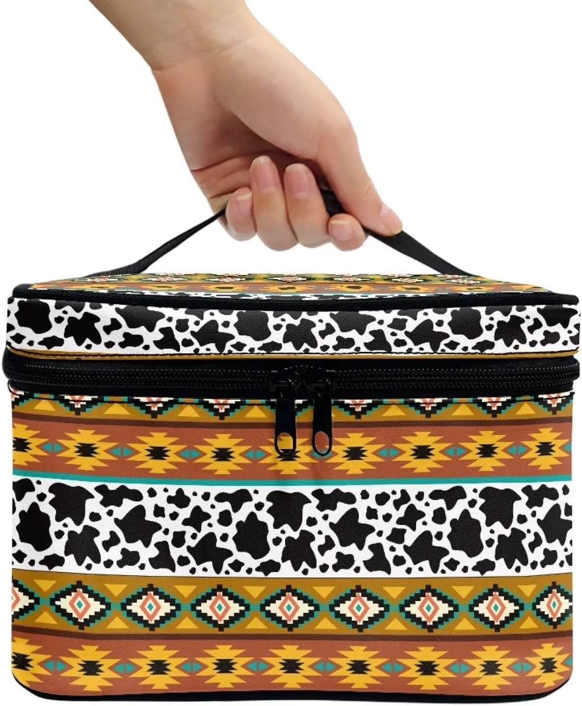 Boho Ethnic Cosmetic Storage Bag Large Capacity Makeup Bag Aztec Cow Print Make up Organizer Lightweight Toiletry Bag with Handle Casual Make up Bag for Ladies