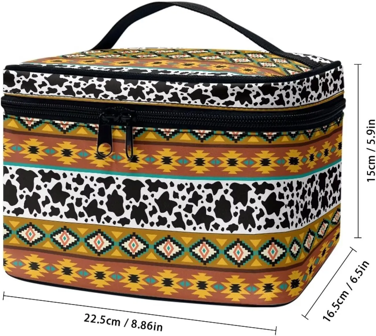 Boho Ethnic Cosmetic Storage Bag Large Capacity Makeup Bag Aztec Cow Print Make up Organizer Lightweight Toiletry Bag with Handle Casual Make up Bag for Ladies