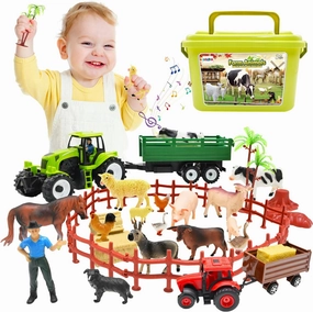 BOLZRA Farm Animal with 2 Tractors Toy, Realistic Plastic Farm Figures Including One Large Musical Truck with Sound Effects Farmer Fence Storage Box Christmas Birthday Easter Gift for Kids 3-8
