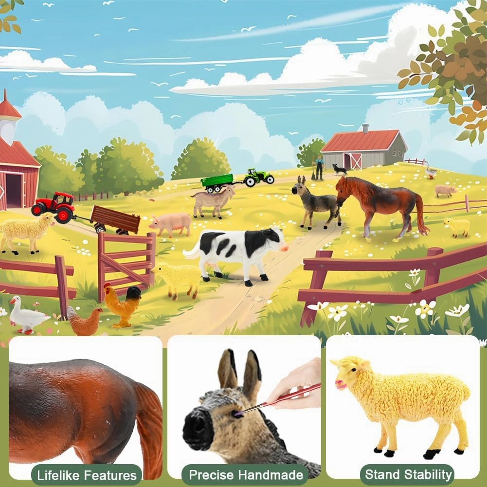 BOLZRA Farm Animal with 2 Tractors Toy, Realistic Plastic Farm Figures Including One Large Musical Truck with Sound Effects Farmer Fence Storage Box Christmas Birthday Easter Gift for Kids 3-8