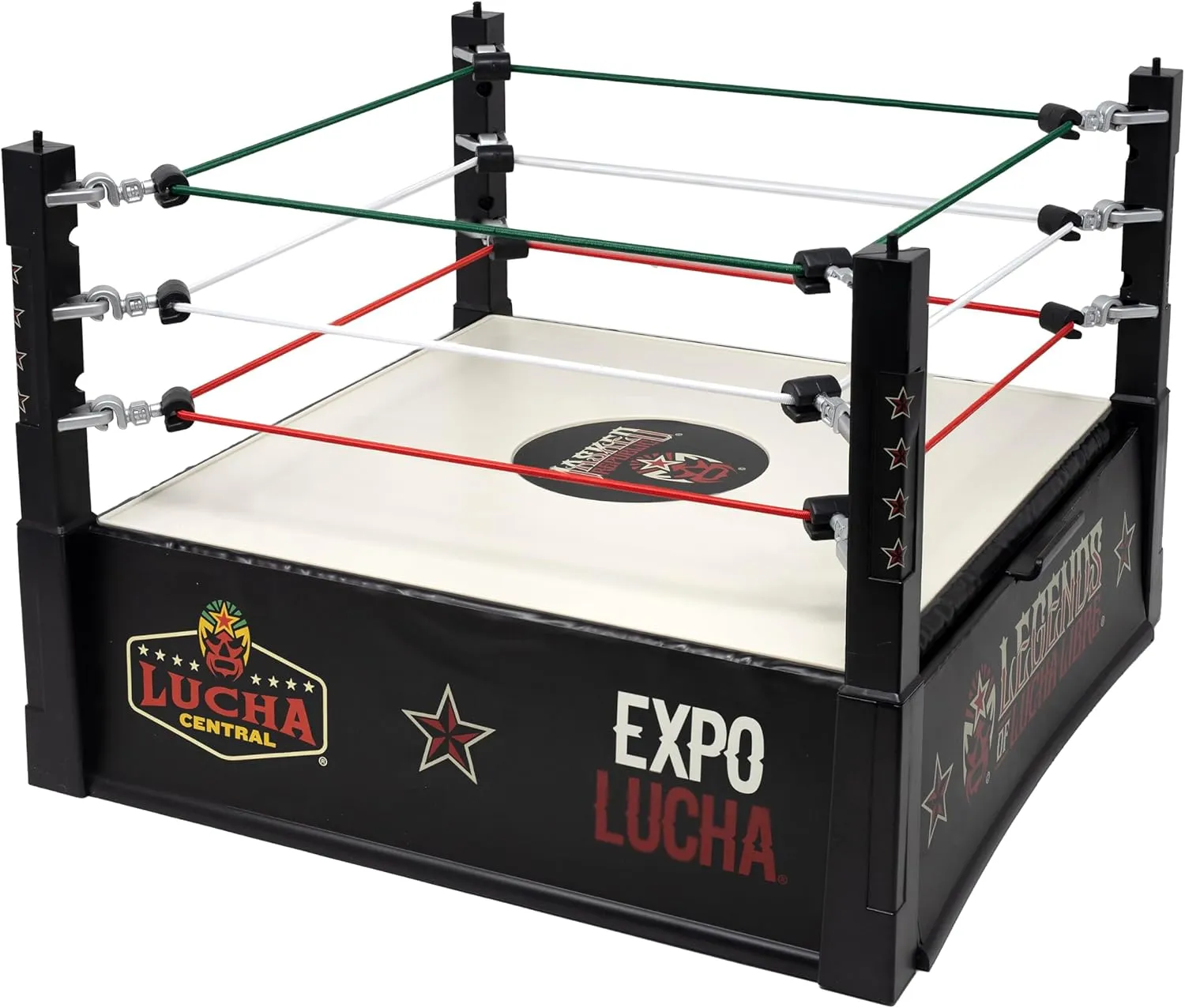 Boss Fight Legends of Lucha Libre Ring for Collectible Action Figures – Wrestling Match Playset with Built-in Storage Drawer, Elastic Ropes, Ring Post Foot Pegs for Authentic Action Display – 1:12
