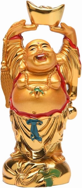BRABUD Resin Feng Shui Golden Laughing Buddha Holding Ingot Statue Wealth Luck Home Office Decor Collectible Gift 4.7'' TQZDBS014