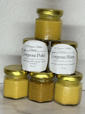 Brightening Lip Care Set – Gorgeous Polish & Gorgeous Shine – Turmeric, Goat Milk, Kojic Acid – Natural Lip Scrub & Balm – 1.5 oz Jar – Handcrafted in Texas