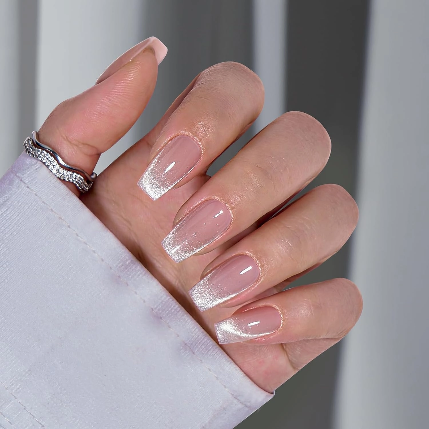 BTArtbox Press On Nails Short - Cat Eye French Tip Press On Nails Coffin, Light Weight & Fit Perfectly Nail Tips, Natural Fake Nail with Glue, Glue On Nails in 16 Sizes - 30 Nail Kit, Milky Way