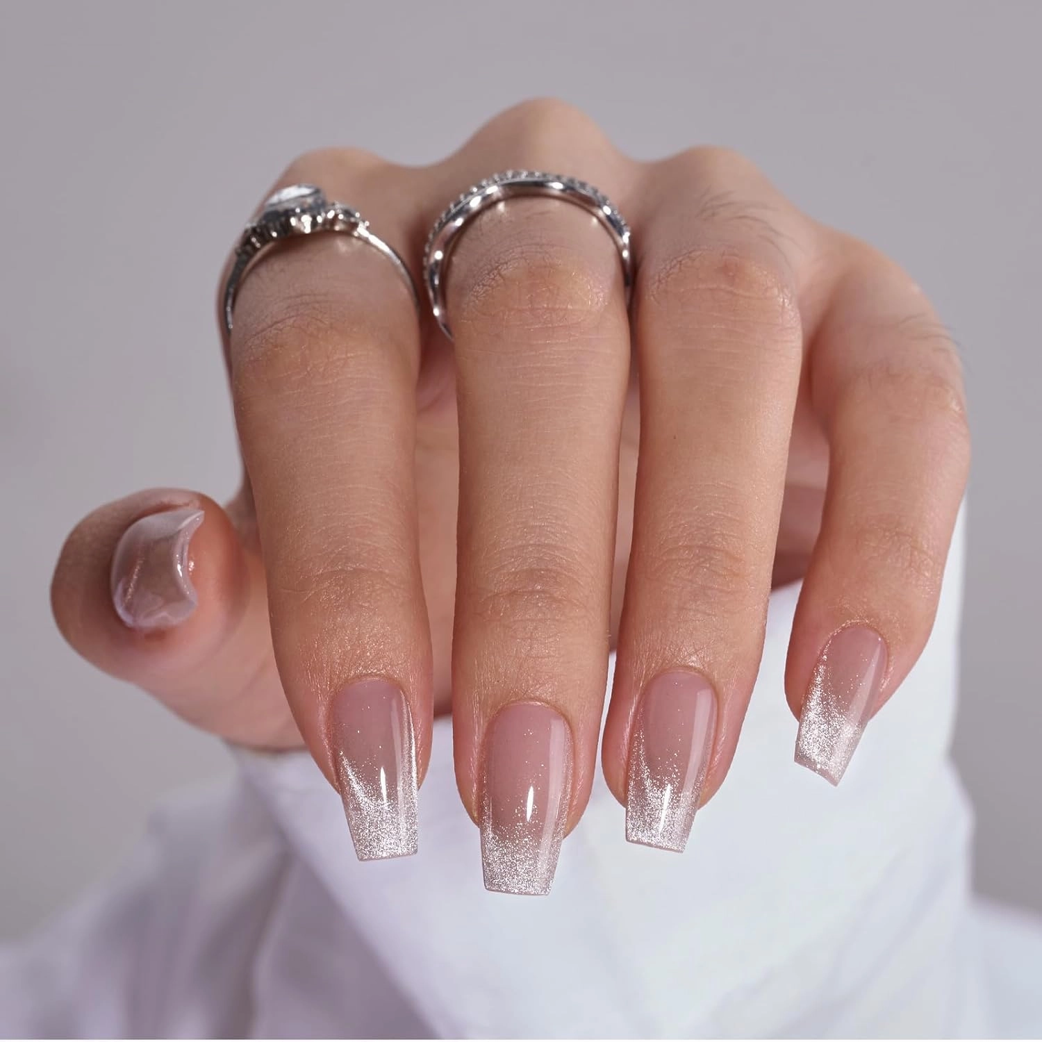 BTArtbox Press On Nails Short - Cat Eye French Tip Press On Nails Coffin, Light Weight & Fit Perfectly Nail Tips, Natural Fake Nail with Glue, Glue On Nails in 16 Sizes - 30 Nail Kit, Milky Way