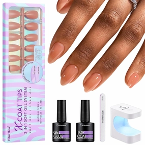 BTArtbox Short Almond Nail Tips - Soft Gel Nail Kit with Tip Primer Base, 160 pcs Brown Pre-colored Fake Nails with Gel Nail Glue and Top Coat Nail Extension Kit for Women's Gift
