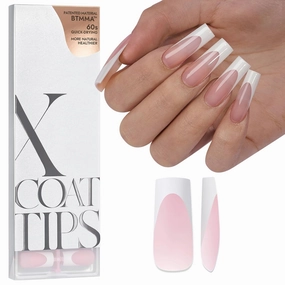 BTArtboxnails XCOATTIPS French Tip Nails - Extra Long Press On Nails, 160Pcs Pink Soft Gel Nail Tips Square Pre-applied Tip Primer & Base Coat, No Need File False Nails for Nail Art DIY, 16 Sizes