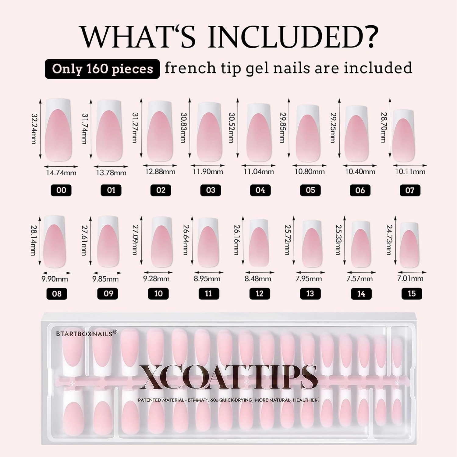BTArtboxnails XCOATTIPS French Tip Nails - Extra Long Press On Nails, 160Pcs Pink Soft Gel Nail Tips Square Pre-applied Tip Primer & Base Coat, No Need File False Nails for Nail Art DIY, 16 Sizes