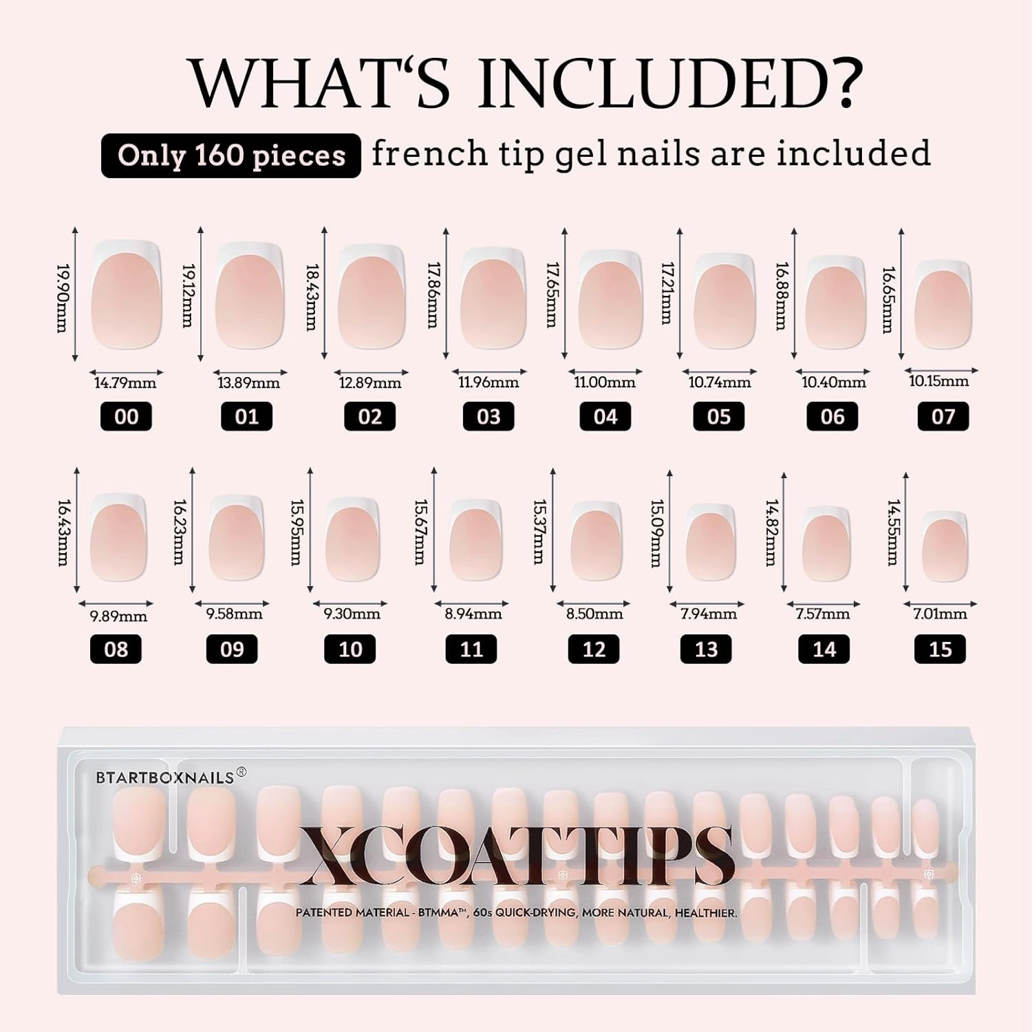 BTArtboxnails XCOATTIPS French Tip Nails - Short Press On Nails, 160 Pcs Nude Square Soft Gel Nail Tips Pre-applied Tip Primer & Base Coat, No Need File False Nails for Home DIY, 16 Sizes