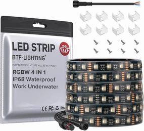 BTF-LIGHTING IP68 Waterproof Outdoor RGBW LED Strip 5050SMD RGB Warm White(3000K-3500K) 4 Colors in 1 DC12V 16.4ft 5m 60LED/m Multi-Colored Tape Lights Can Work Under Water(No Adapter or Controller)
