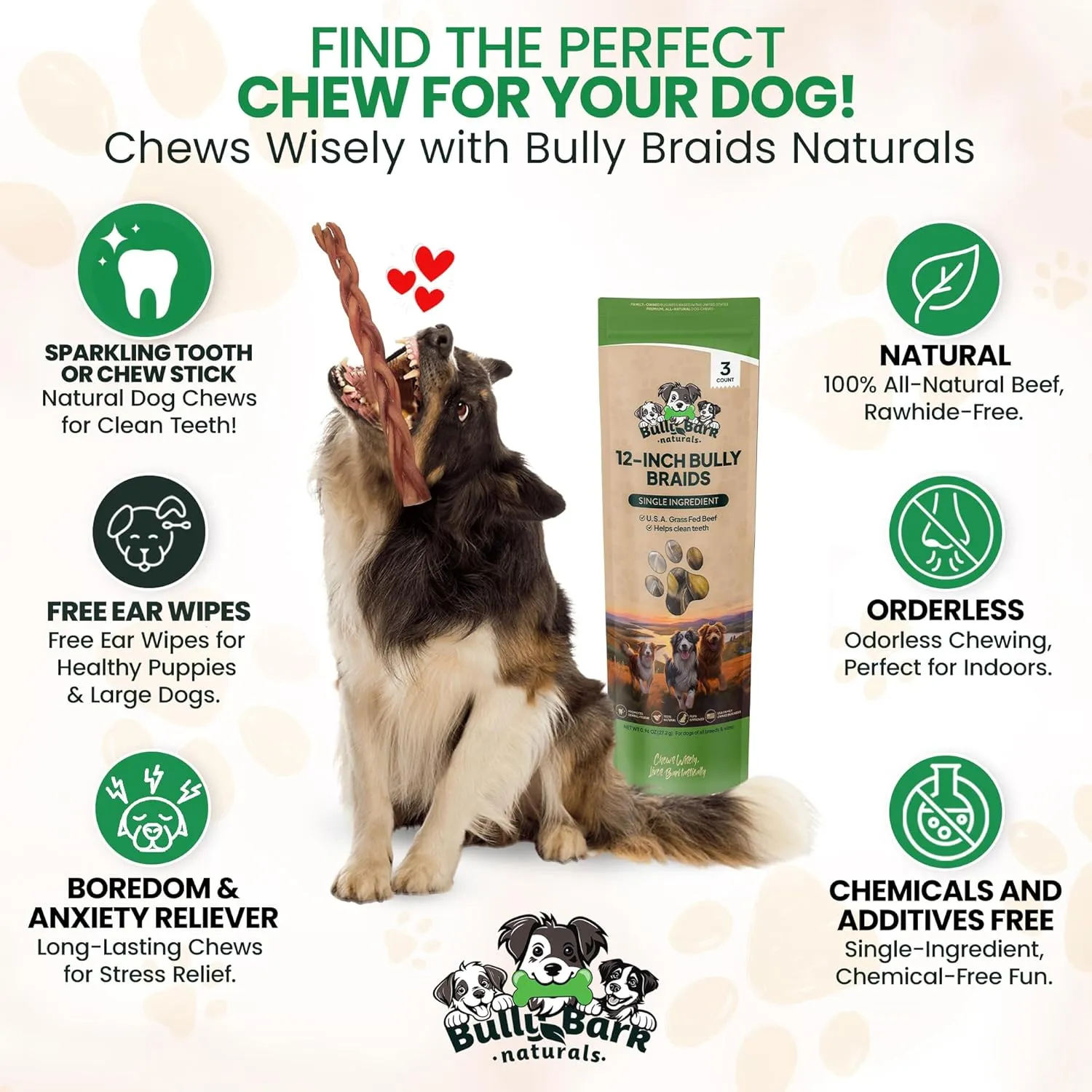 Bully Bark 12” Bully Braid for Small & Medium Dogs – 100% Natural, Grass-Fed Beef Chews, 5 Count, Dog Chew Sticks – Fully Digestible, Rawhide - Free Treats