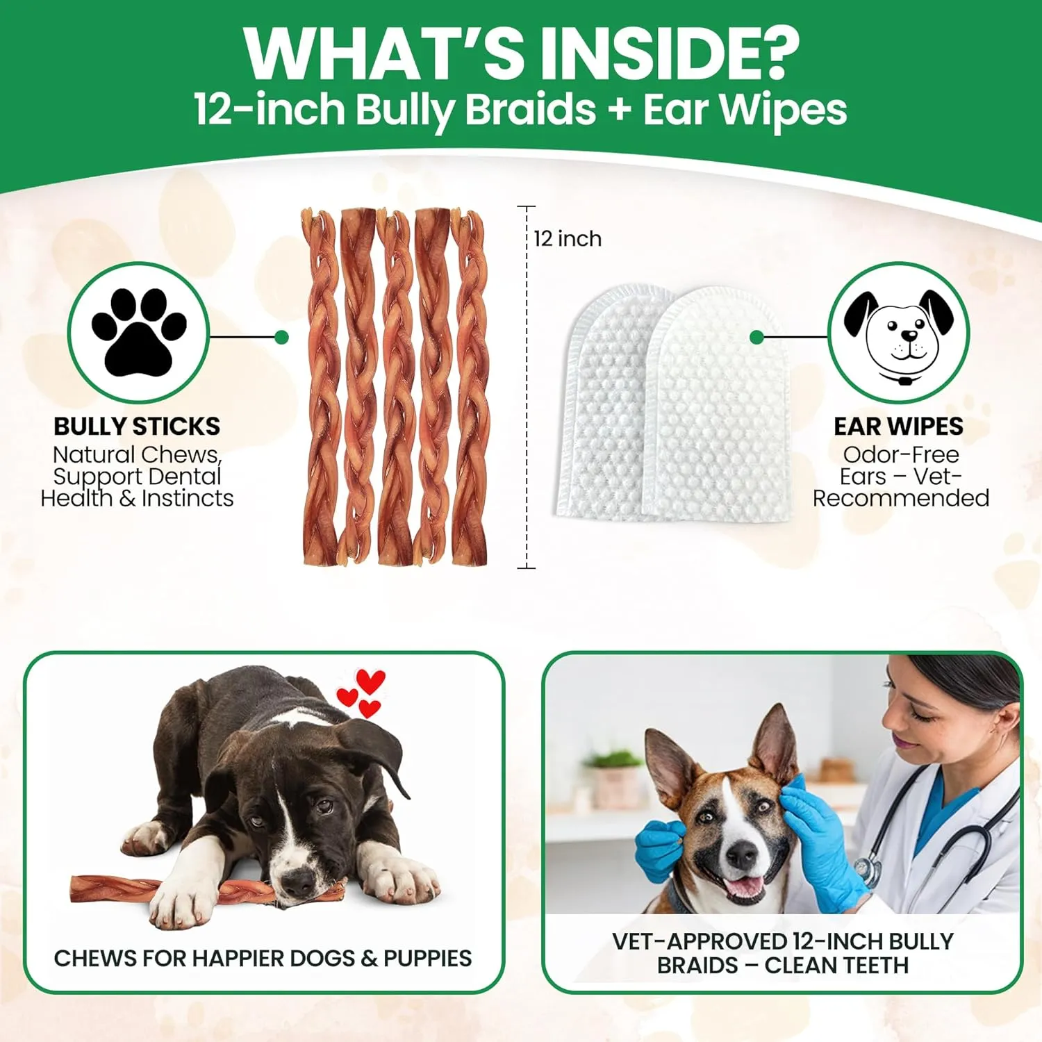 Bully Bark 12” Bully Braid for Small & Medium Dogs – 100% Natural, Grass-Fed Beef Chews, 5 Count, Dog Chew Sticks – Fully Digestible, Rawhide - Free Treats