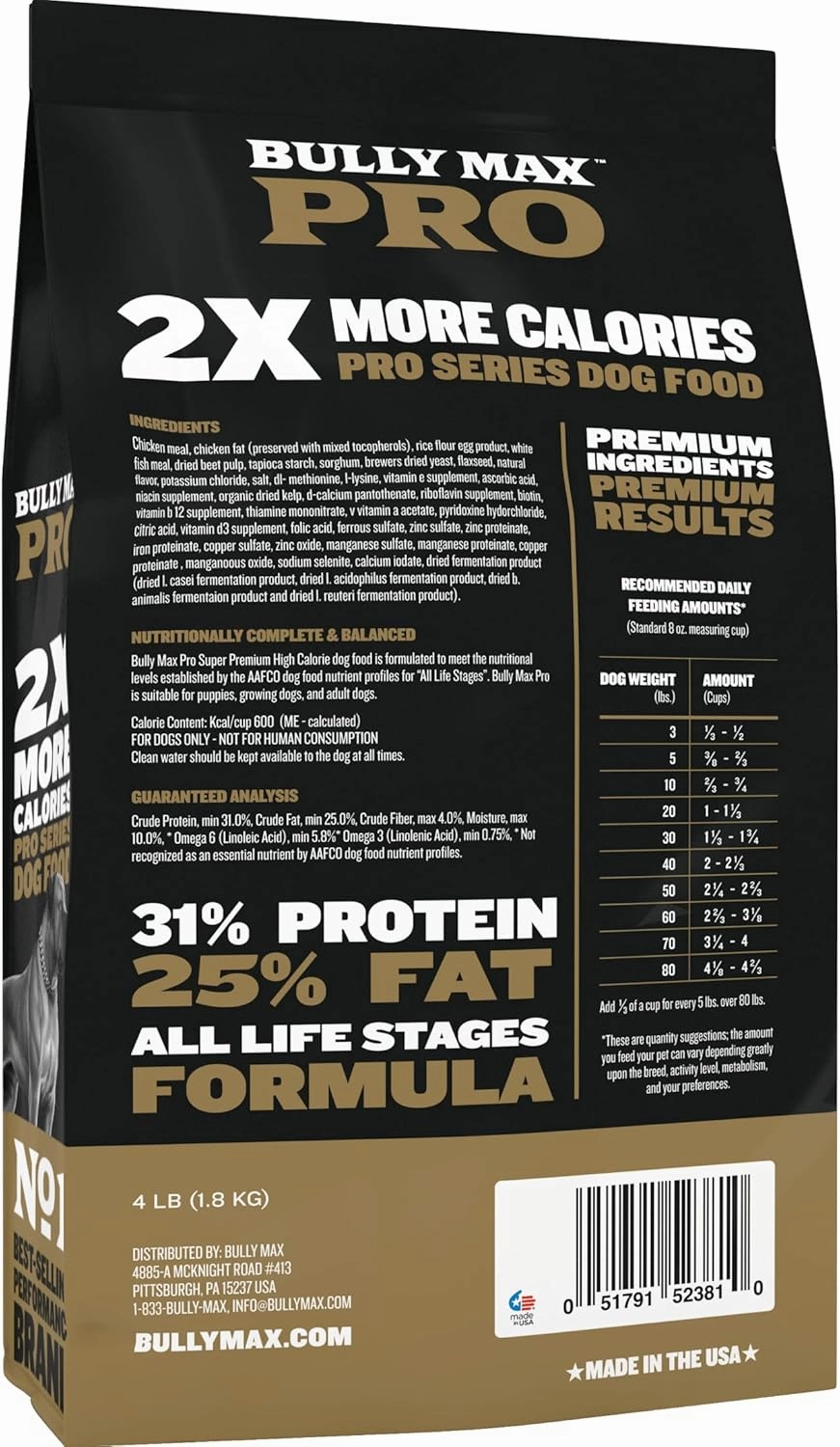 Bully Max Pro 2X High Calorie & High Protein Dry Dog Food for Puppy & Adult Dogs - Healthy Weight Gain & Muscle Building for Small & Large Breeds - Slow-Cooked, 600 Calories/Cup, Chicken Flavor, 4lb.