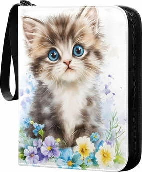 Burbuja Cat Flower Painting Card Binder, 4 Pockets Trading Card Binder, Portable Card Albums Fits 400 Cards with 50 Removable Sleeves for Sport Cards Game Cards