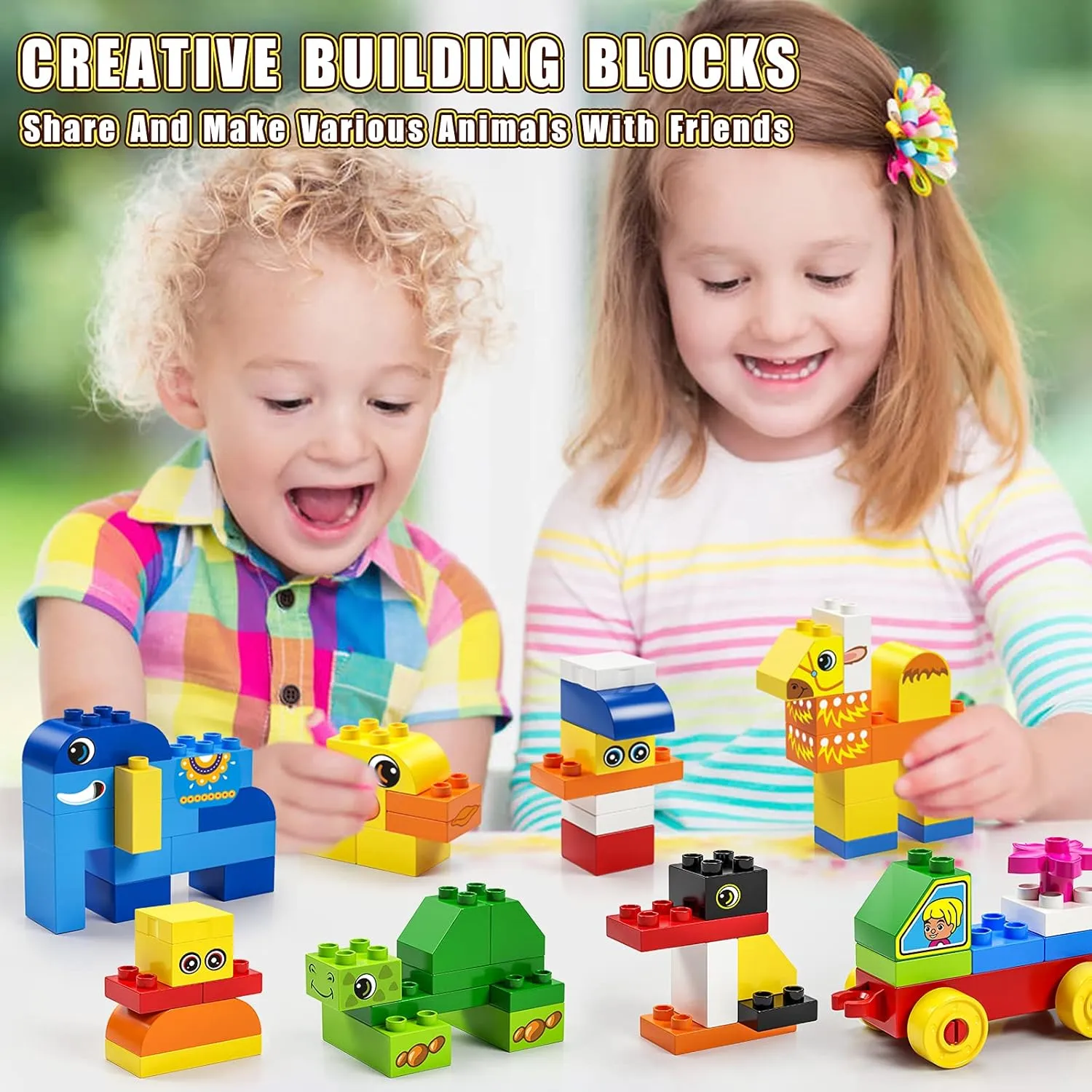 burgkidz Educational Toy Classic Big Size Bricks Building Blocks, Large Compatible Animal Building Bricks with Reusable Storage Bucket Gift for Boy Girl Ages 3 