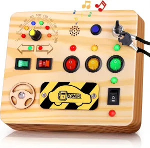 Busy Board for Kids, Montessori Toys with LED Light, Wooden Sensory Toys for Children Activity for Boys & Girls, Birthday Gift for Children